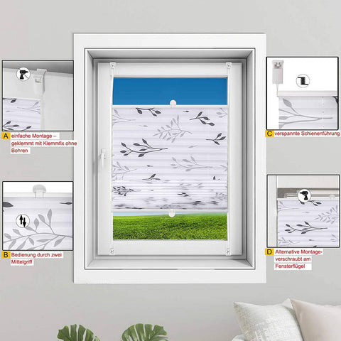 Rootz Pleated Folding Roller Blind - Collo Klemmfix - Window Shade - Easy Assembly - 90x130 cm - Tear-Resistant Polyester - Anti-Fade & Wear-Protected