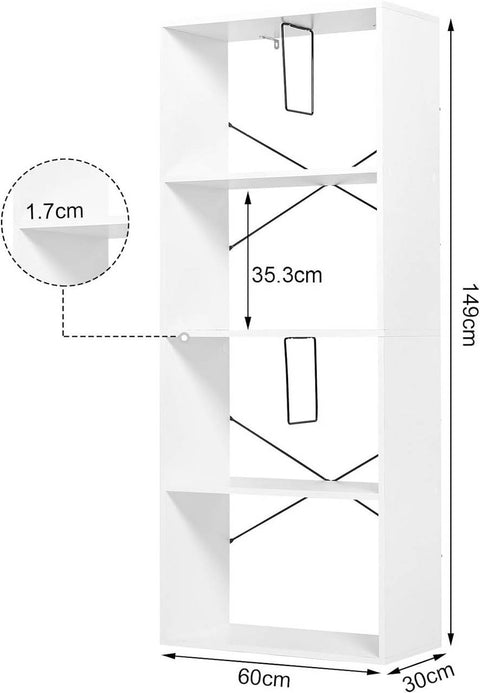 Rootz Modern White 4-Tier Bookshelf - Storage Shelf - Display Rack - Durable E1 Wood - Space-Saving - Scratch-Resistant - 60cm x 149cm x 30cm