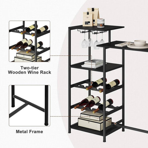 Rootz multifunctionele bartafel - tafelbladen met twee niveaus - opbergtafel - geïntegreerde wijnrekken - duurzaam E1 hout en metaal - B129,5 x H117 x D38 cm