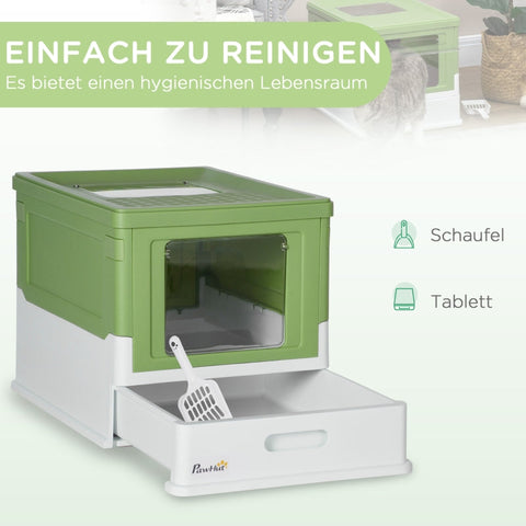 Rootz Modern Cat Litter Box - Button-In Design - Hygienic & Spacious - Litter Scoop Included - White+Green - 47.5cm x 35.5cm x 36.7cm