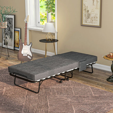 Rootz Folding Guest Bed - Camping Cot - Portable Sleeping Accommodation - Linen-Look Mattress - Steel Frame - 190cm x 80cm x 42cm