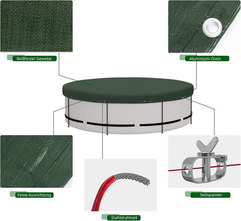 Rootz Round Pool Tarpaulin Cover - Pool Cover - Waterproof Covers - Protects Against Algae - Green ø360cm