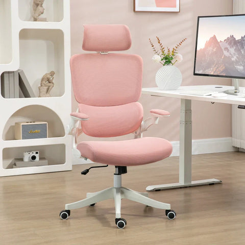 Rootz Office Chair - Computer Chair - Relaxation Chair - 1 Headrest - Folding Armrests - Pink - 62cm x 58cm x 133cm