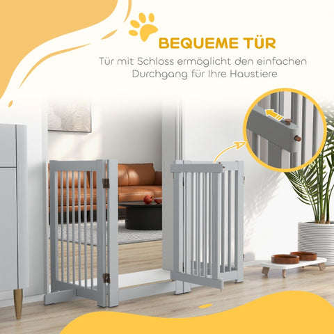 Rootz Free-Standing Dog Gate with Door - Wooden Pet Safety Fence - 4 Panel Foldable Design - High Stability - Gray - 204cm x 36cm x 75cm