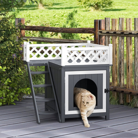 Rootz Cat Cave - Cozy Feline House - Pet Hideaway - Elevated Design - Fir Wood - Versatile Litter Box Cover - 67.5L x 63W x 68.5H cm