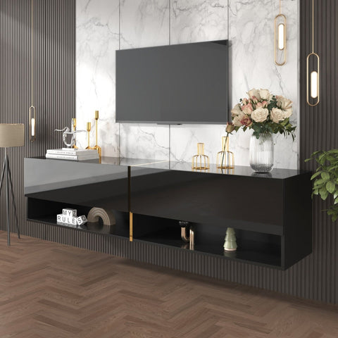 Rootz High-Gloss TV Cabinet - Entertainment Unit - Media Console - Elegant Gold Edge - 172L x 35W x 40H cm