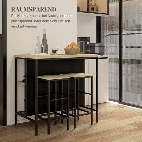 Rootz 3-Piece Bar Table Set - Bar Chairs - Pub Table - Stain Resistant - Space-Saving - Steel Frame - 100W x 60D x 95H cm (Table), 32W x 32D x 68H cm (Stool) - Black/Oak