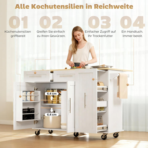 Rootz Mobile Kitchen Island - Expandable Surface - Kitchen Trolley - Rolling Cart - Organized Storage - White/Brown- 129x65x91 cm
