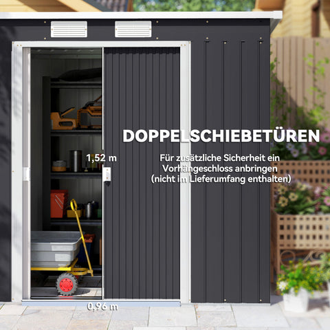 Rootz Tool Shed - Garden Storage House - Outdoor Organizer - Ventilated, Weatherproof - Galvanized Steel, Sliding Doors, 213x130x172cm, Grey and White