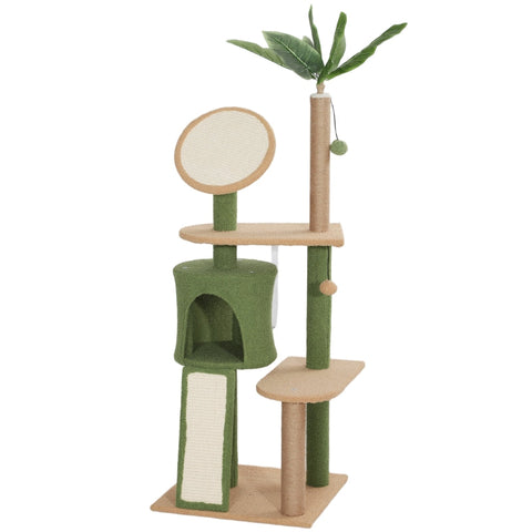 Rootz Cat Tree with Artificial Leaves - Scratching Post - Play Center - Plush & Jute Comfort - 48L x 44W x 139H cm