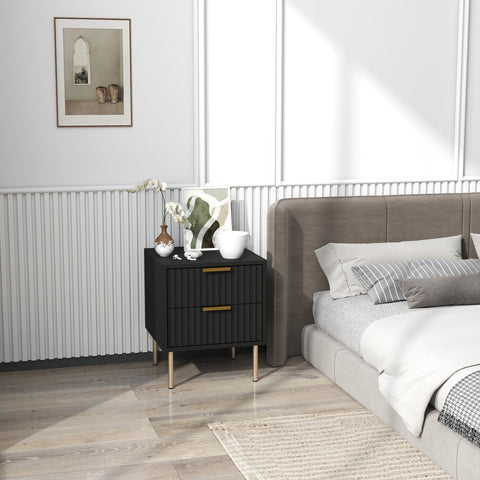 Rootz Bedside Table - Grooved Side Table - 2 Drawer Nightstand - Luxury Gold Handles - 40x39x48cm - Elegant Black with Steel Legs