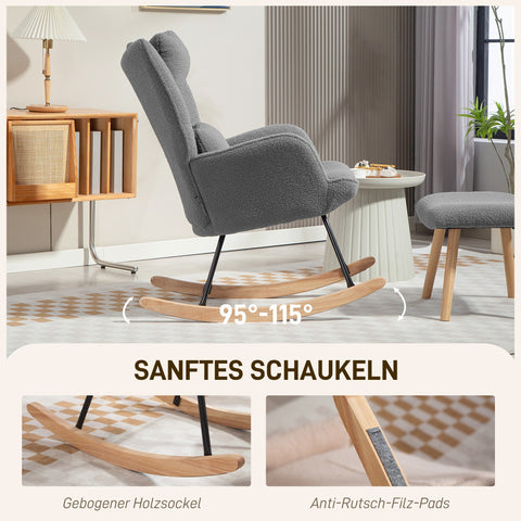 Rootz Rocking Chair with Footstools - Recliner - Nursing Chair - Soft Fleece - Durable Steel & Wood - Grey - 70.5 x 101.5 x 99.5 cm