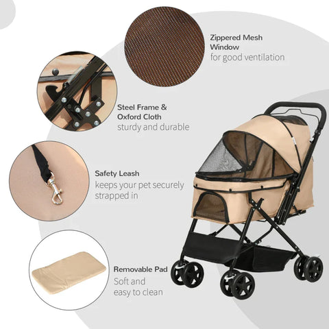 Rootz Folding Dog Buggy - Pet Stroller - 1 Basket - 2 Brakes - Including Safety Leash - Light Brown - 76.5cm x 52cm x 95cm