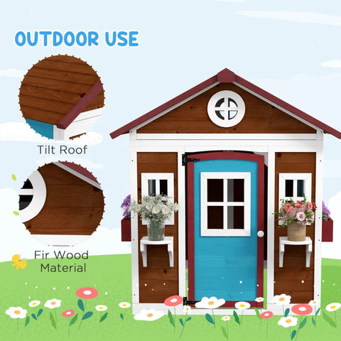 Rootz Children's Playhouse - Wooden Playhouse - Weatherproof - Flower Boxes - Fir Wood - Brown+Blue+White+Red - 114L x 126.4W x 135H cm