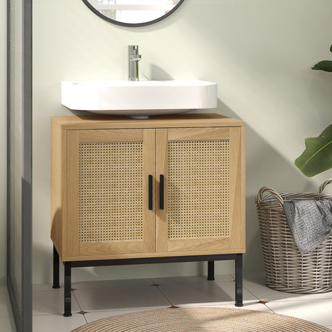 Rootz Bathroom Cabinet - Boho Design - Sink Storage Unit - Rattan Elements - Fits Under Sink - Brown - 60x39x60 cm