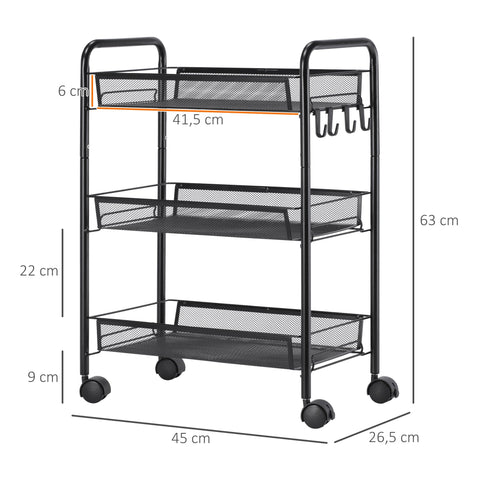 Rootz 3-Tier Trolley with Baskets - Rolling Cart - Storage Cart - Compact Storage - 45 x 26.5 x 63 cm - Smooth Mobility