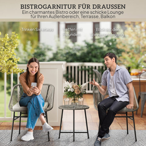 Rootz 3-Part Outdoor Set - Patio Furniture - Rattan Seating - Weatherproof - Steel Frame - Table: Ø45x46cm, Chairs: 63x65x76cm, Cushions Included