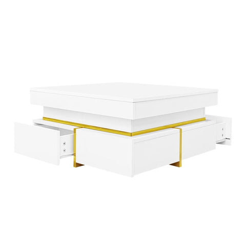 Rootz Coffee Table - High Gloss - Luxury Gold Accents - Ample Storage - 70L x 70W x 35.5H cm