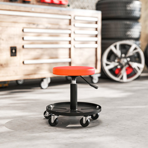 Rootz Workshop Stool with Rollers - Garage Chair - Mechanic Seat - Height Adjustable - 38cm x 38cm x 38-50cm Orange