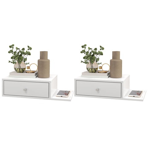 Rootz Set of 2 Wall Bedside Tables - Side Shelf - Storage Drawer - Space-Saving Design - 55W x 30D x 15H cm White MDF