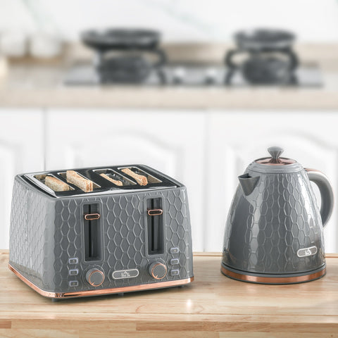 Rootz Kitchen Set - Toaster & Kettle Combo - Breakfast Appliances - Grey - 1.7L Quick Cook - 24.2x19.5x23.4cm Kettle, 27.6x18.9cm Toaster