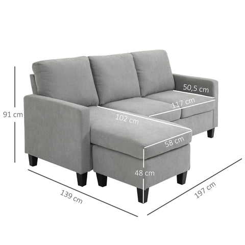 Rootz 3-Seater Corner Sofa - Lounge Sofa - Modular Sofa - Turnable Ottoman - Polyester Comfort - 197b x 139t x 91h cm,  Grey