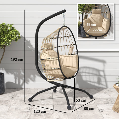 Rootz Hanging Chair Egg Chair - Indoor/Outdoor Chair - Foldable Basket Chair - Padded Comfort - 120cm x 88cm x 192cm