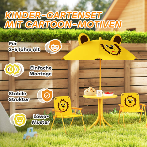 Rootz Children's Garden Furniture Set - Kids Chairs & Table - Lion Design - Adjustable Parasol - Easy Storage - Chair 36.5x38.5x50cm, Table Ø49.5x50h cm