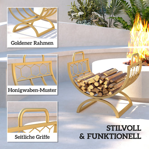 Rootz Firewood Rack Indoor - Log Holder - Wood Storage Stand - Stylish Gold Metal, Space-Saving, Durable - 46 x 36 x 41 cm