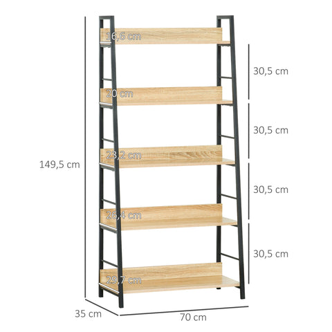 Rootz Inclined Industrial Bookcase - 5 Tier Shelf - Living Room Storage - Durable MDF & Metal - 70L x 35W x 149.5H cm - Brown, Black Finish