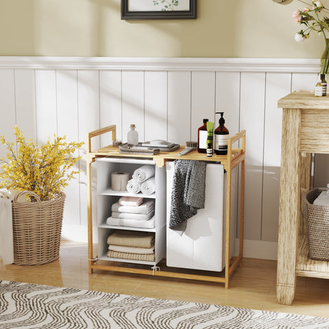 Rootz Laundry Basket with Bag - Fabric Drawer - Bamboo Organizer - Enhanced Sorting - 70x36x70 cm White and Brown