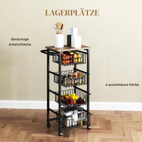 Rootz Kitchen Trolley - Serving Cart - Rollable Kitchen Car - Spacious Worktop - 49.5b x 31t x 91h cm