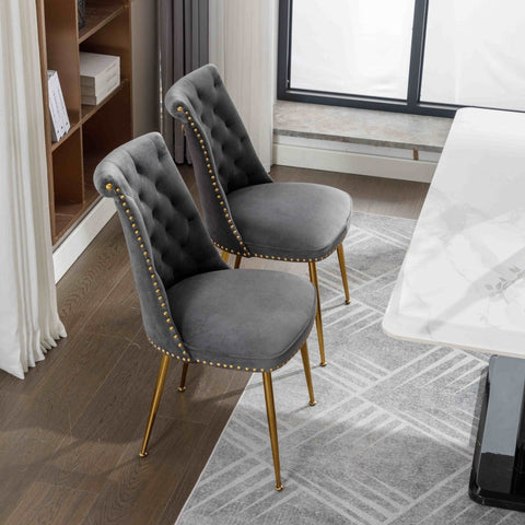 Rootz Set of Two Velvet Dining Chairs - Padded Backrest - Ergonomic Seating - Gold Metal Legs - 43.9cm x 62cm x 87.5cm