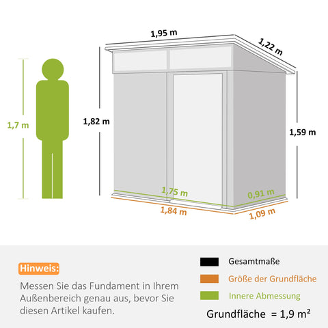 Rootz Garden Shed - Tool Shed - Equipment House - Waterproof Steel - Weatherproof - 1.95m x 1.22m x 1.59/1.82m - Grey