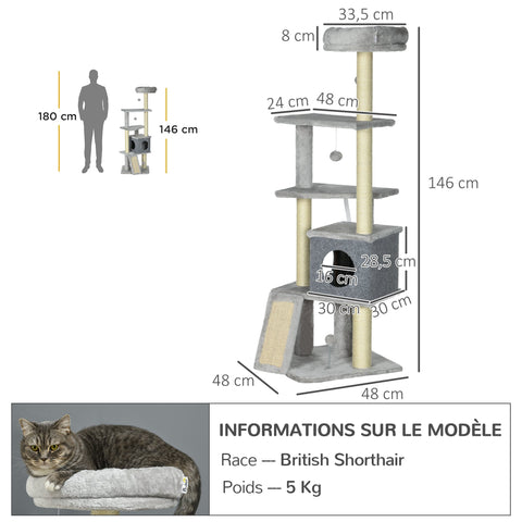 Rootz Cat Tree - Climbing Tree - Cat Activity Center - Claw Sharpening - 4 Platforms 146cm - Enhance Your Home with Style and Function!