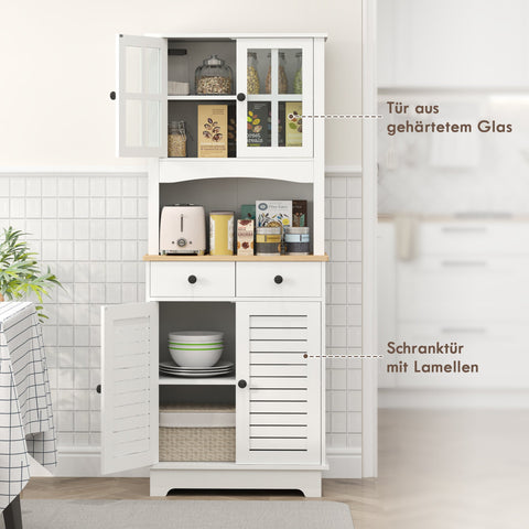 Rootz Kitchen Cabinet with Glass Doors - Dish Storage - Dining Room Cabinet - Ample Storage - 68 x 39.5 x 170 cm, White-Brown