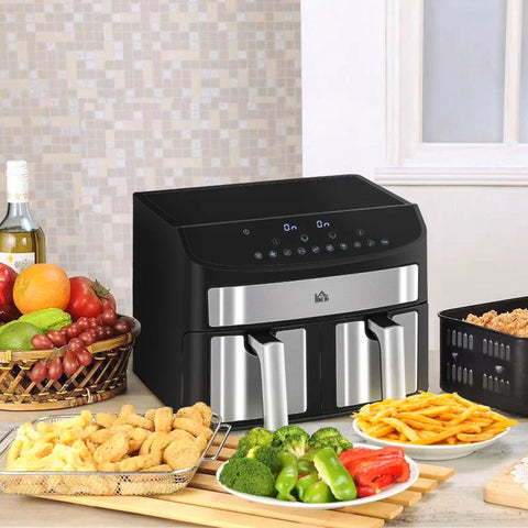 Rootz Hot Air Fryer - Multifunctional Hot Air Fryer - 8 L Capacity - 2 Baskets - 60 Min Time - Silver + Black - 38.8L x 36.3W x 31.1H cm