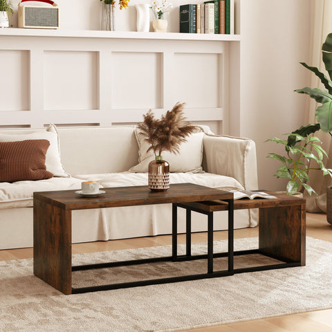 Rootz Set of 2 Coffee Tables - Sofa Table - Side Table - Modern Style - MDF & Metal - 90 x 48 x 42 cm / 59 x 42 x 36 cm - Black + Brown