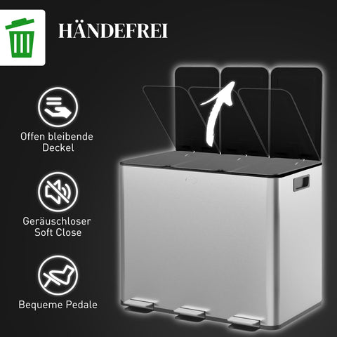 Rootz Trash Can 3 x 20L - Recycling Bin - Waste Separator - Odor Control - Soft Close, Removable, Silver, 61.9x36.6x56.7cm