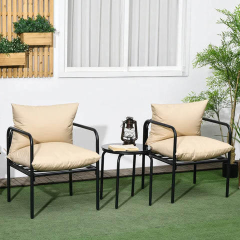 Rootz Garden Furniture Sets - Outdoor Seating Group - 3 Parts - Back Cushions - 2 Chairs - Table - Glass Top - Seat Cushions - Metal Frame - Tempered Glass - Polyester - Beige - 53W x 55Tcm