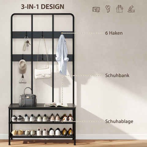 Rootz 3-in-1 Cloakroom Stand - Clothes Hook - Shoe Shelf - Organize Efficiently - 91cm x 36cm x 180cm