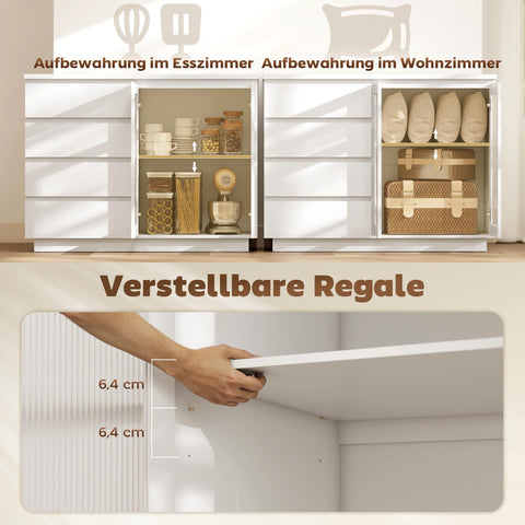 Rootz Buffet Cabinet Sideboard - Storage Cupboard - Display Unit - Silent Soft-Close, Organizes Dining Room - 120x40x91 cm, White, MDF, 4 Drawers, 2 Glass Doors