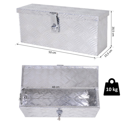 Rootz Aluminum Tool Box - Tool Chest - Storage Box - Secure Key Lock - Compact 50L x 15.5W x 20.5H cm - Silver