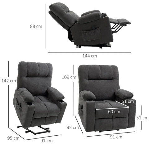 Rootz Stand-up Senior Chair - Reclining Function - Electric Riser Chair - Including Remote Control - Dark Gray - 144 cm x 91 cm x 88 cm