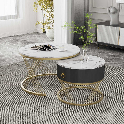 Rootz Modular Coffee Table Set - Marble Table - Elegant Side Tables - Storage - 70cm x 70cm x 45cm & 50cm x 50cm x 40cm