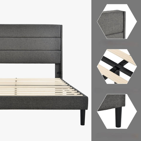 Rootz Double Bed with Padded Headboard - Fabric Cover - Upholstered Bed - Comfort - 146L x 210W x 111H cm - Dark Gray Design