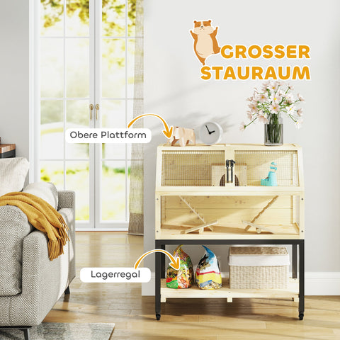 Rootz Wooden Dwarf Hamster Cage - Small Animal House - Two-Story Pet Enclosure - Storage & Mobility - 87 x 43 x 101cm