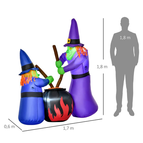 Rootz Inflatable Witch Cauldron Figure - Halloween Air Figure - LED Lighted Witch Decoration - Quick Setup - Durable Polyester - 170x60x180 cm