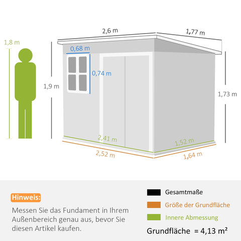 Rootz Metal Garden Shed - Outdoor Storage House - Tool Shed - Weather-Resistant, Secure Lock, 260x177x190cm, Grey and White, Window, Air Vents