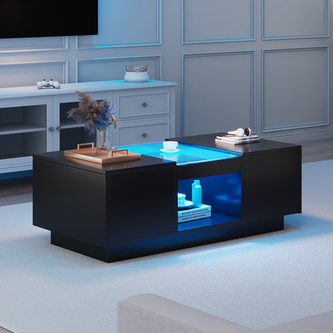 Rootz Black Coffee Table - Glass Paneling - LED Lighted Table - App-Controlled - 2 Drawers, Open Compartment - 100L x 50W x 35.5H cm